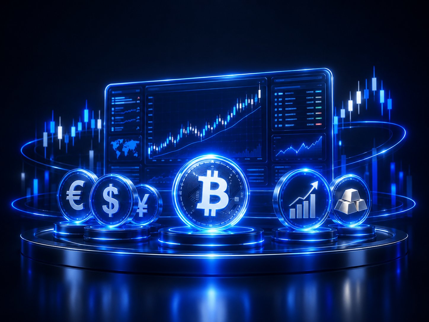Forex stocks and crypto symbols unified on one glowing trading dashboard