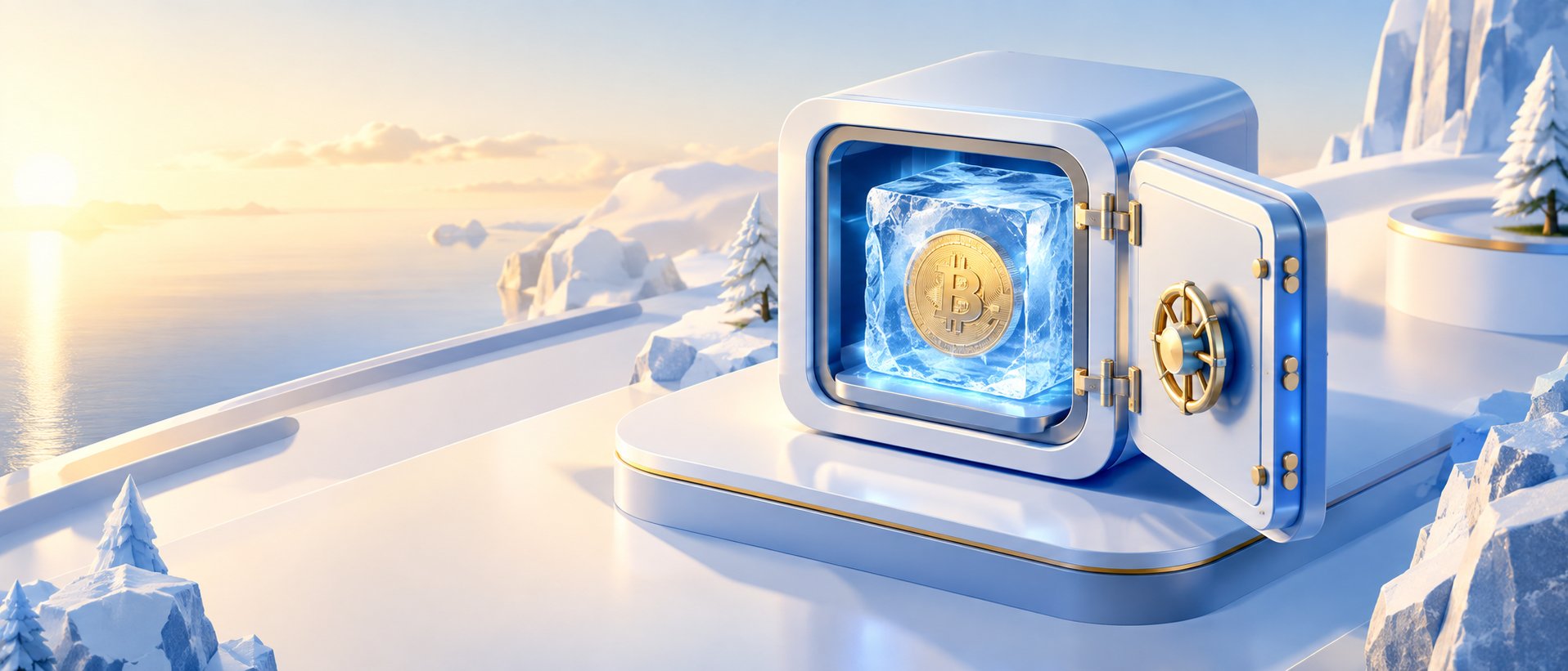 Frozen ice block encasing a crypto coin in a secure vault