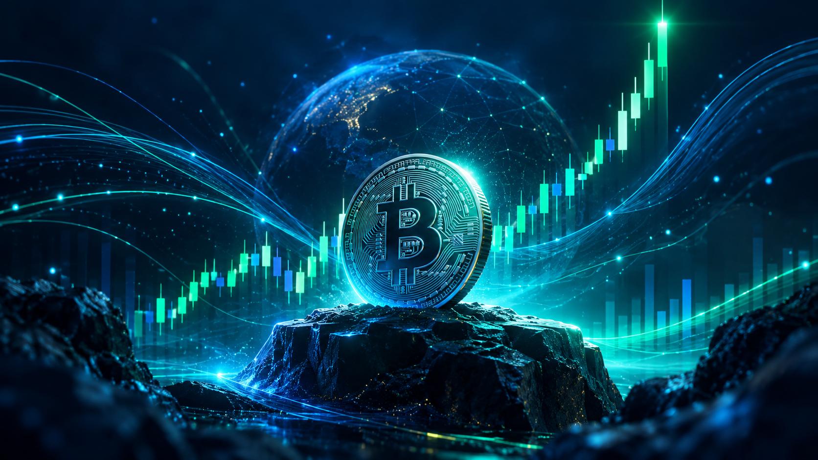 Dramatic crypto price chart with sharp green candles breaking upward