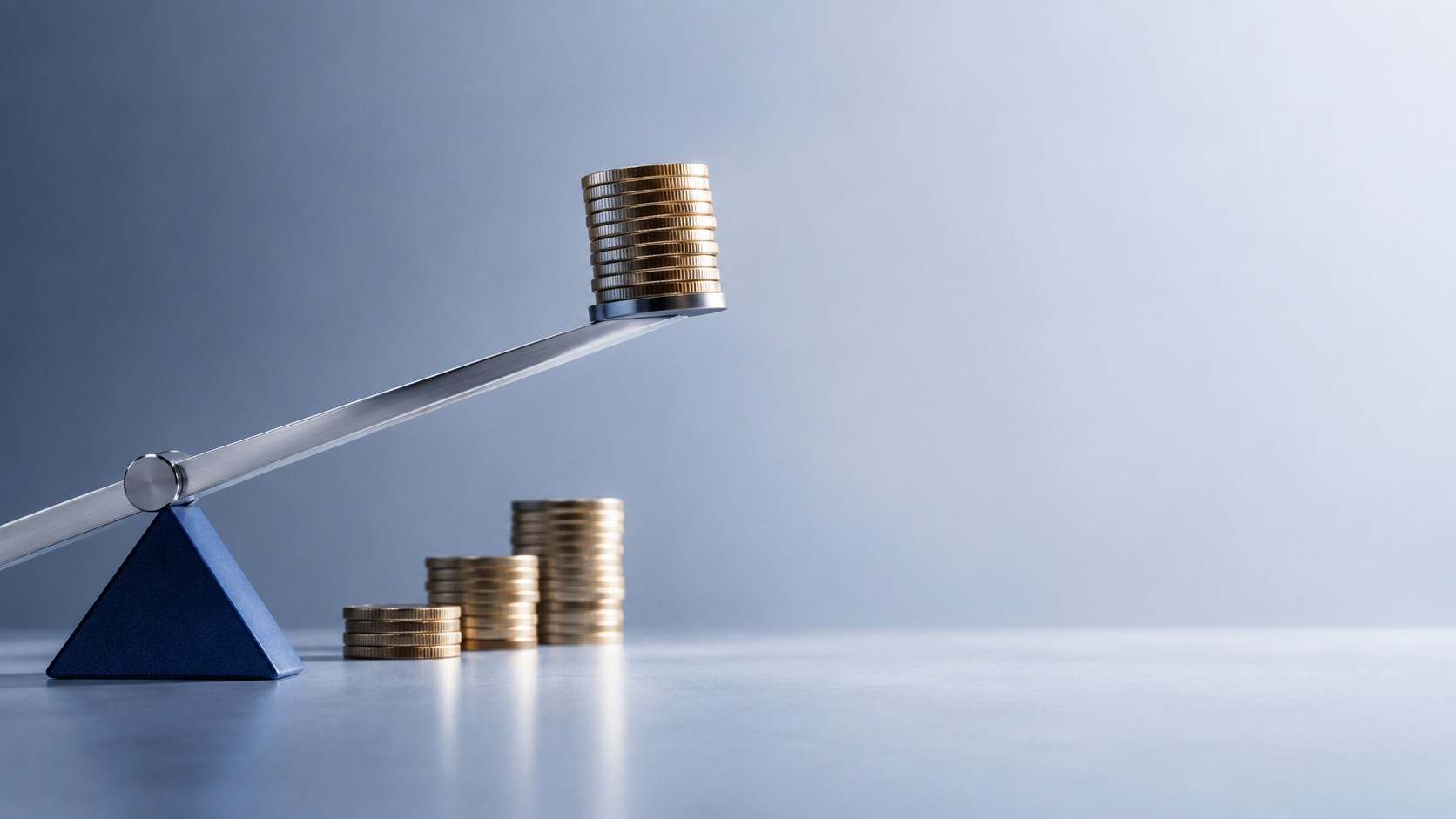 Precision lever lifting a stack of coins clean minimal composition